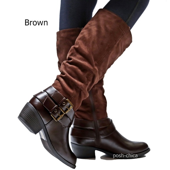 Brown Slouch Western Buckle Knee High Riding Boots - Picture 2 of 3